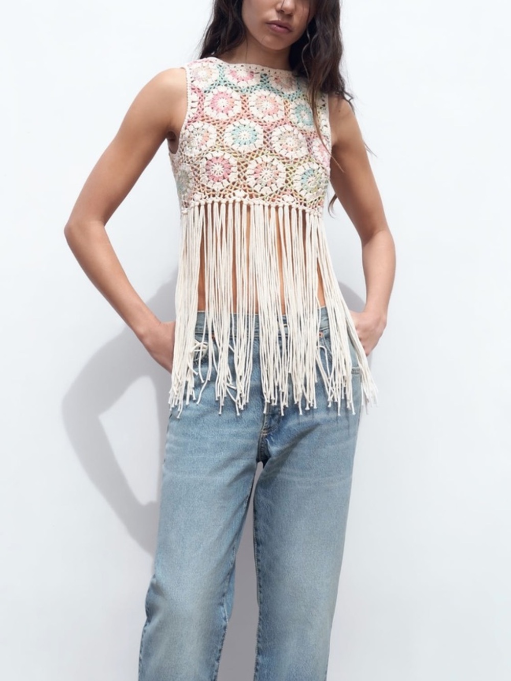 Zara Pastel Granny Square Crochet Fringe Sleeveless Vest Top Medium